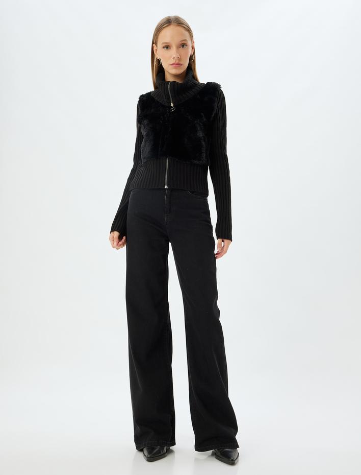  Suni Kürk Hırka Dik Yaka Fermuarlı Ribanalı Slim Fit