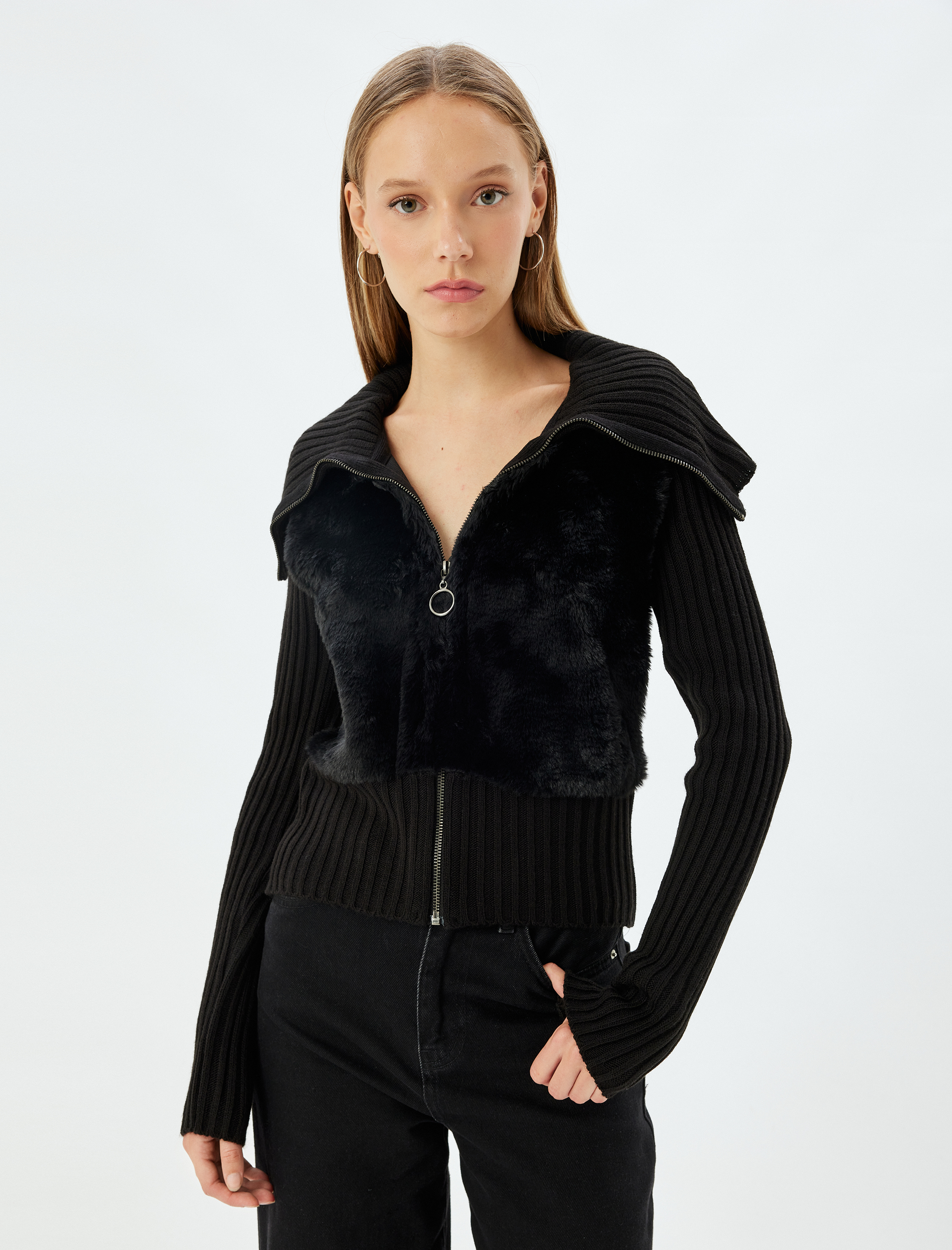   Suni Kürk Hırka Dik Yaka Fermuarlı Ribanalı Slim Fit