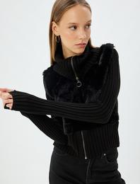 Suni Kürk Hırka Dik Yaka Fermuarlı Ribanalı Slim Fit