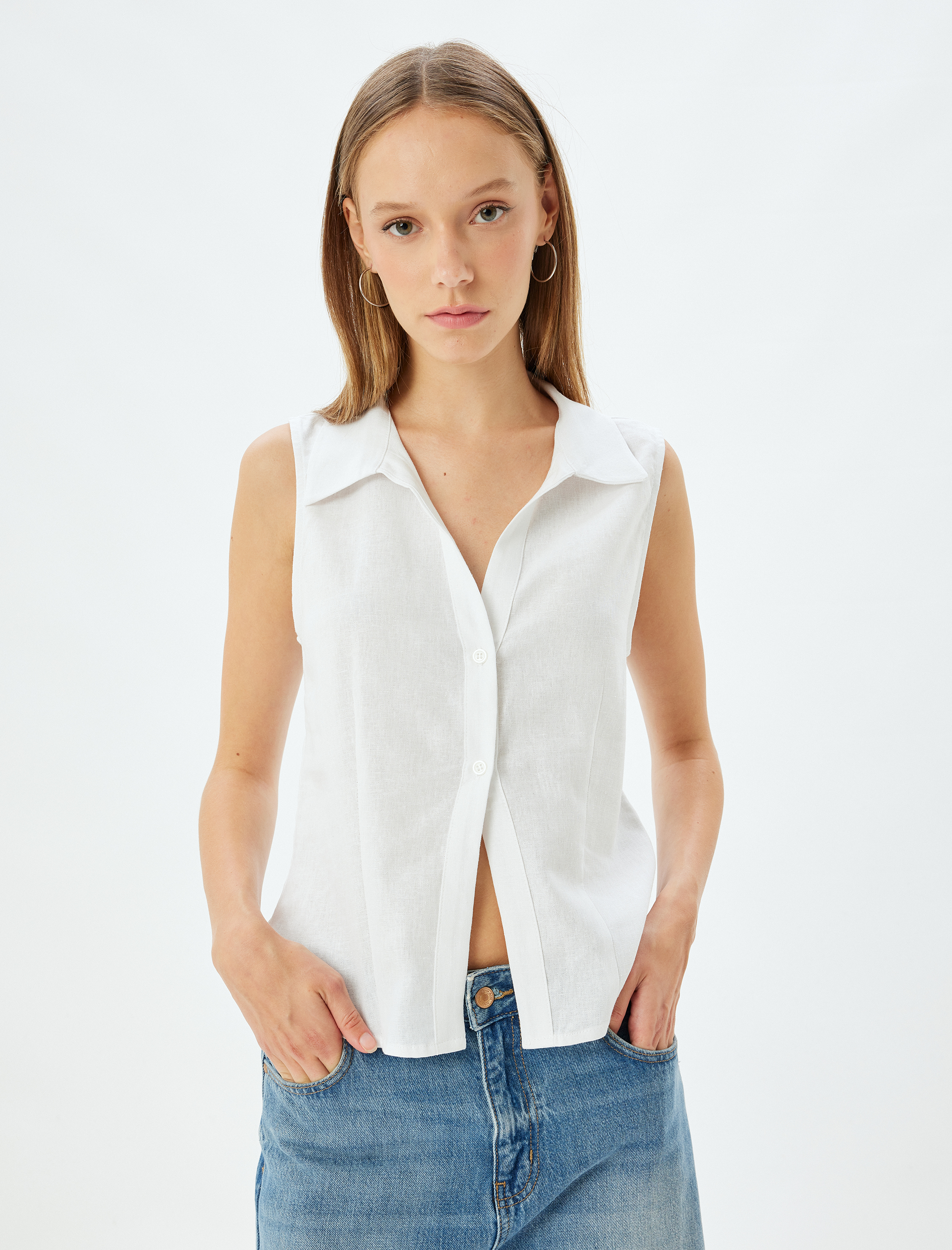   Keten Karışımlı Gömlek Kolsuz Klasik Yaka Düğmeli