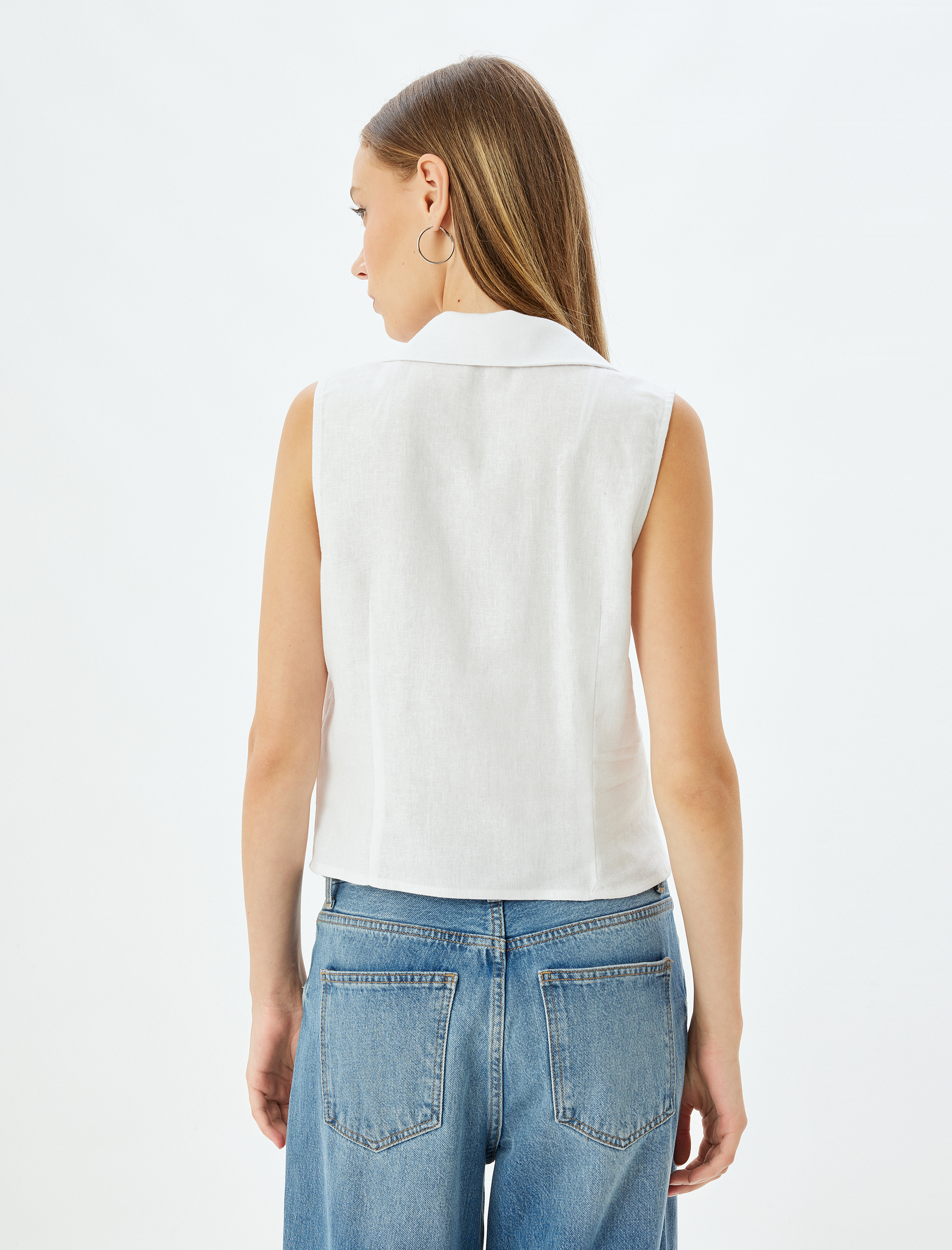   Keten Karışımlı Gömlek Kolsuz Klasik Yaka Düğmeli