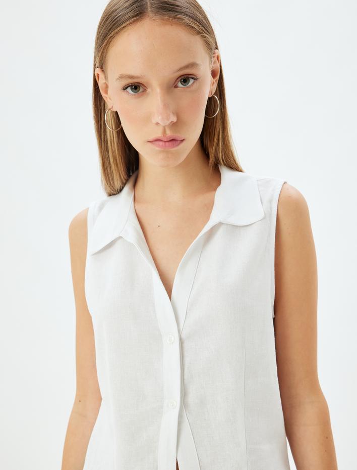  Keten Karışımlı Gömlek Kolsuz Klasik Yaka Düğmeli