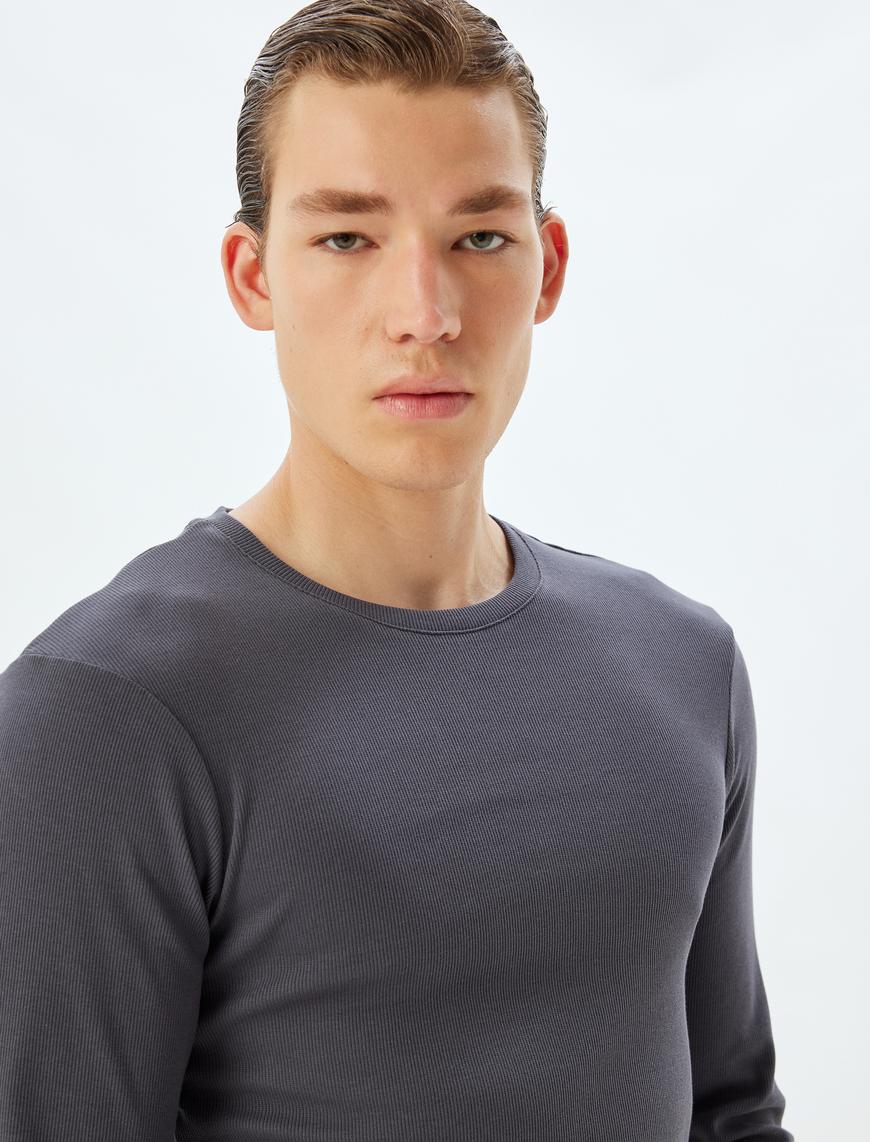   Slim Fit Tişört Bisiklet Yaka Uzun Kollu Kaşkorse Pamuklu