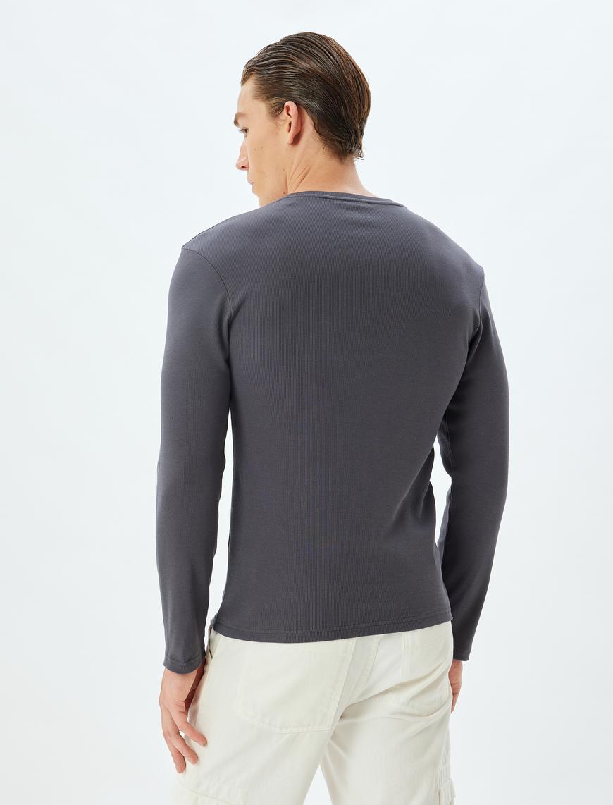   Slim Fit Tişört Bisiklet Yaka Uzun Kollu Kaşkorse Pamuklu