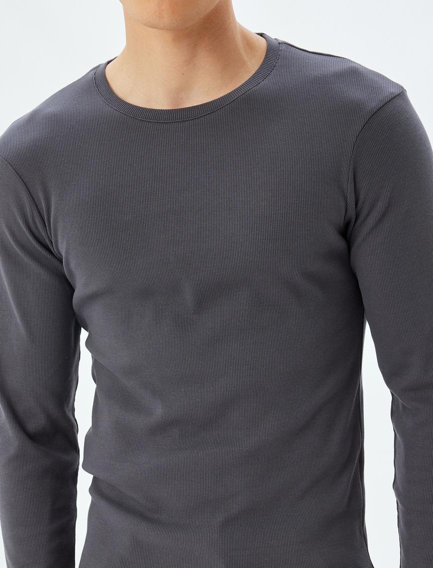   Slim Fit Tişört Bisiklet Yaka Uzun Kollu Kaşkorse Pamuklu