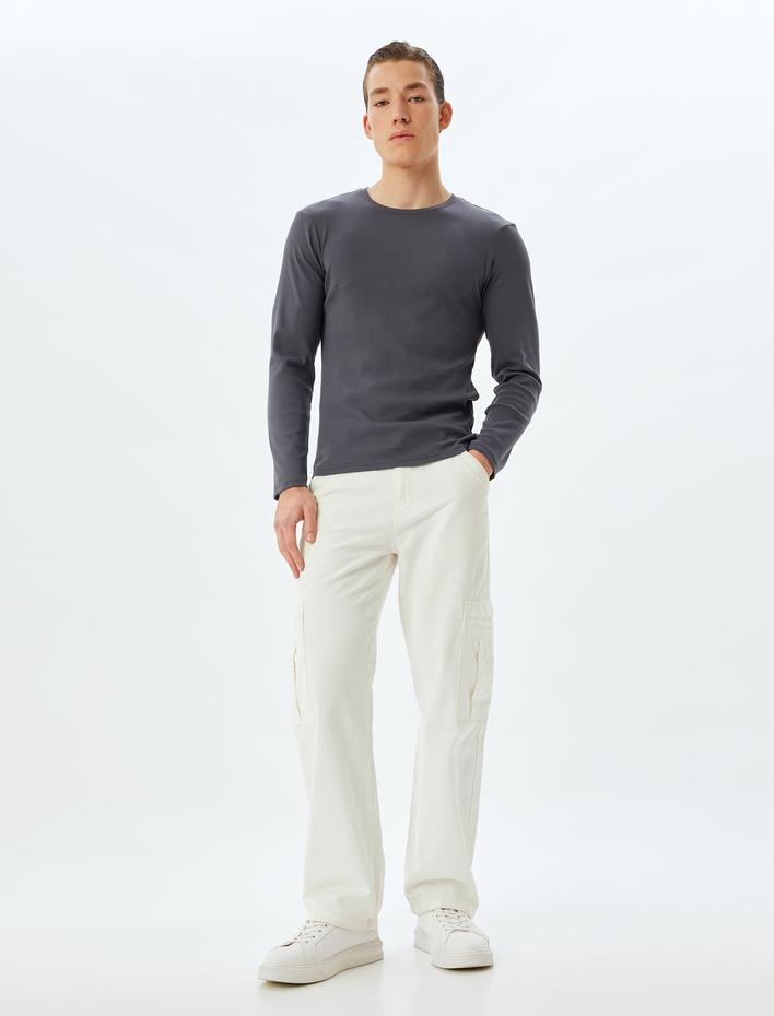  Slim Fit Tişört Bisiklet Yaka Uzun Kollu Kaşkorse Pamuklu