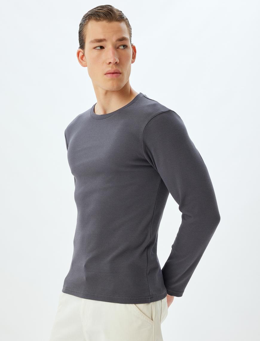   Slim Fit Tişört Bisiklet Yaka Uzun Kollu Kaşkorse Pamuklu