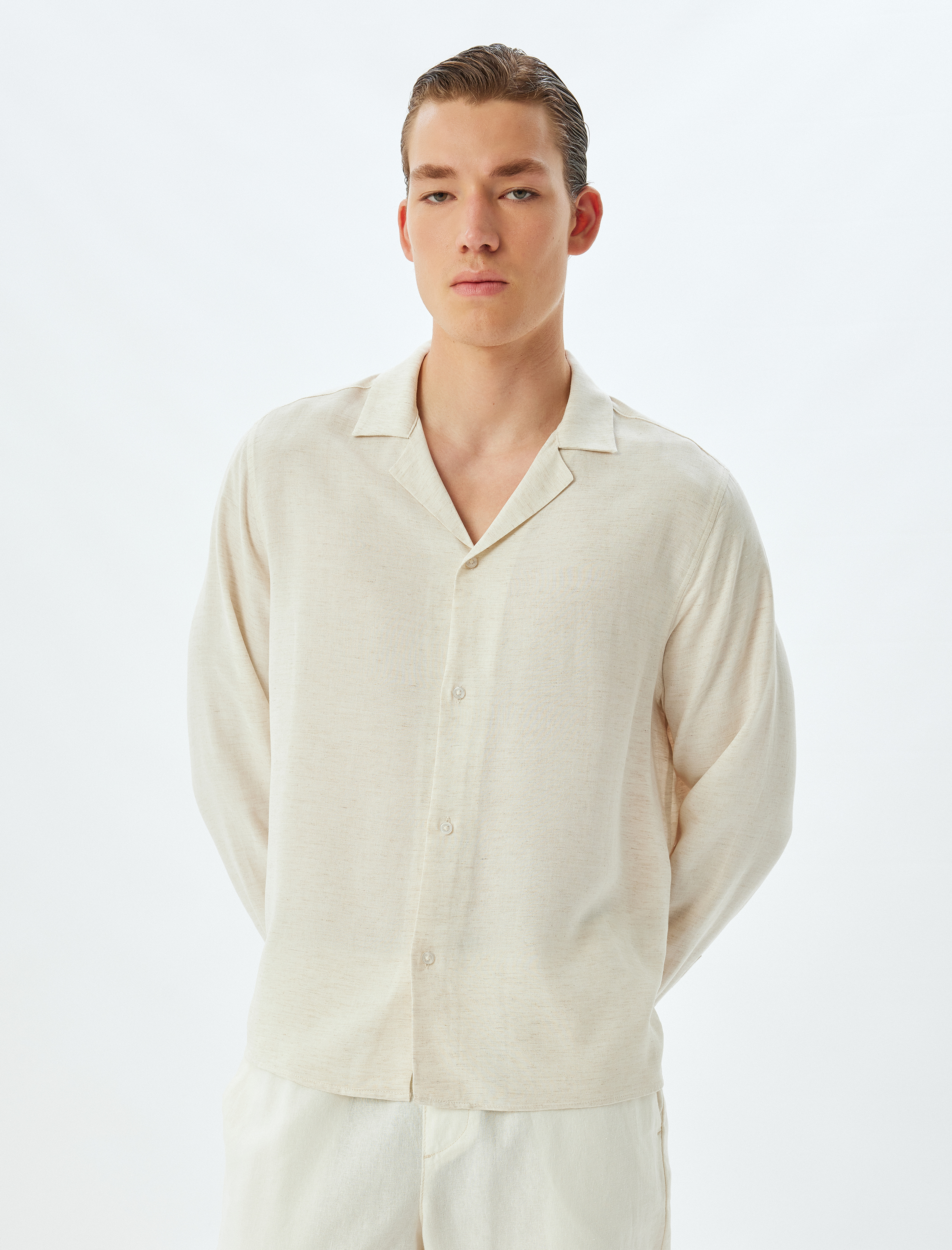   Klasik Gömlek Uzun Kollu Devrik Yaka Viskon Keten Karışımlı Regular Fit