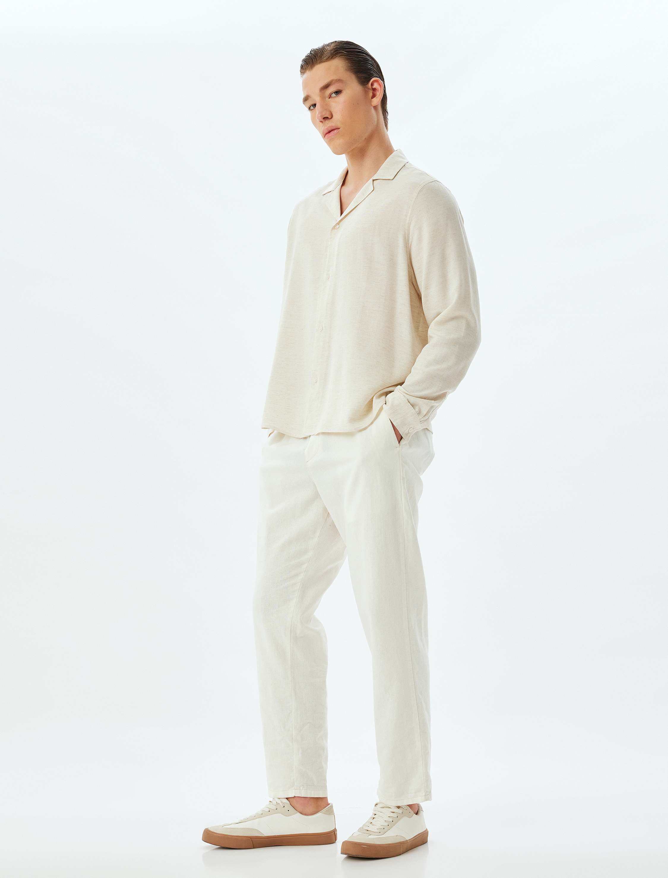   Klasik Gömlek Uzun Kollu Devrik Yaka Viskon Keten Karışımlı Regular Fit