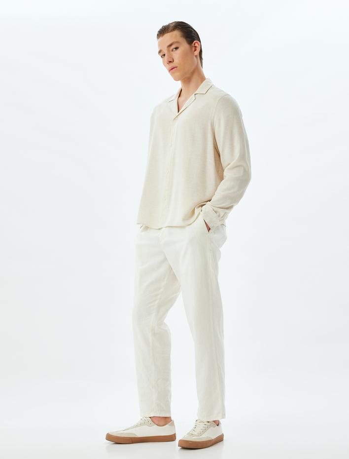  Klasik Gömlek Uzun Kollu Devrik Yaka Viskon Keten Karışımlı Regular Fit