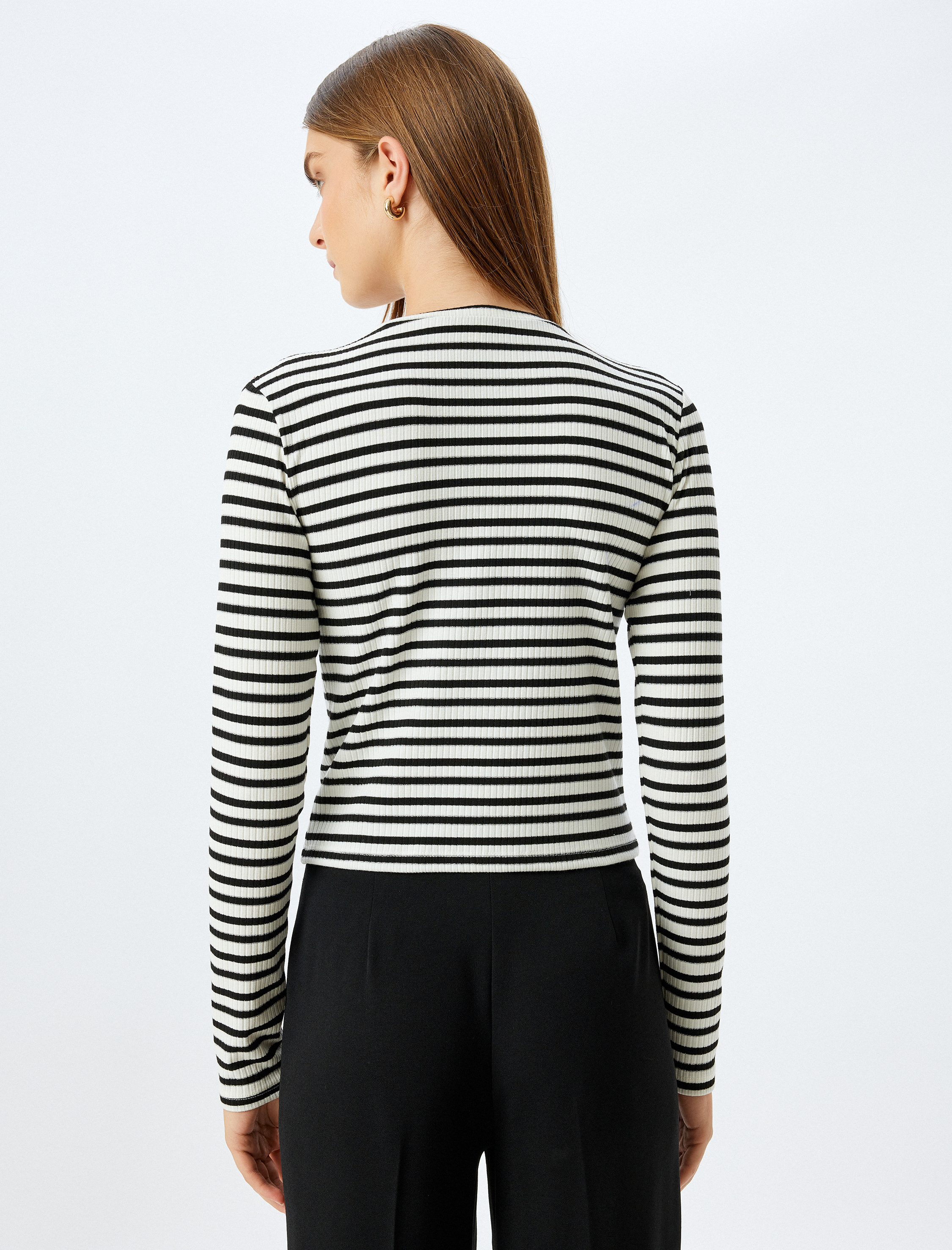   Uzun Kollu Tişört Bisiklet Yaka Metalik İplik Detaylı Kaşkorse