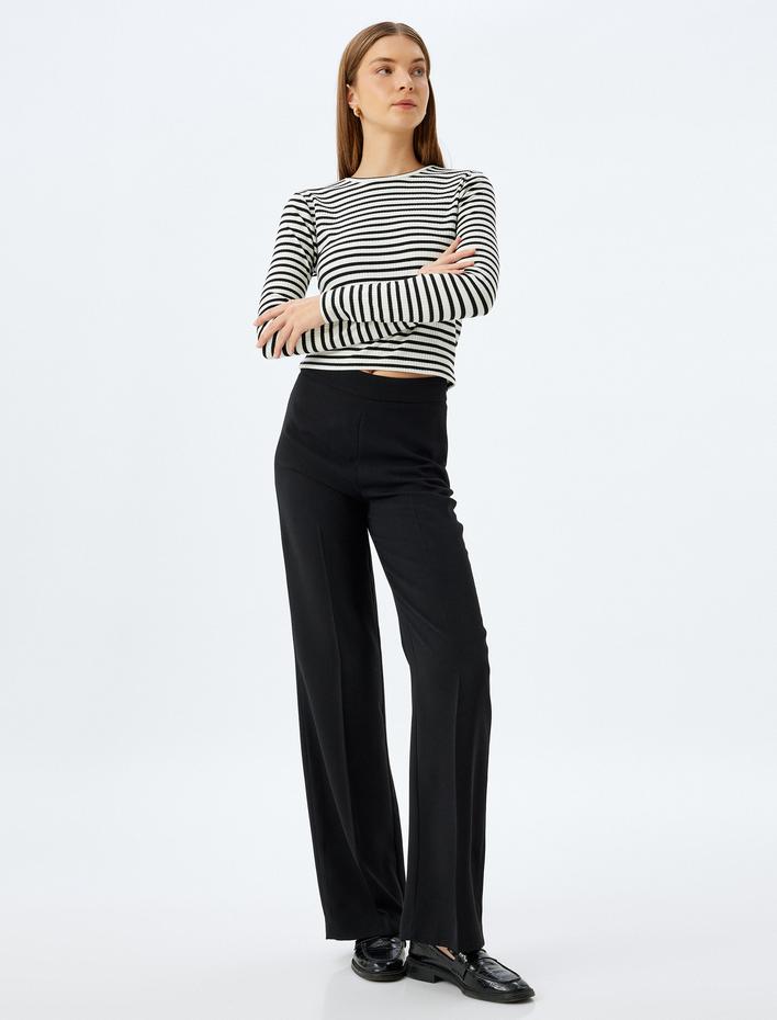  Uzun Kollu Tişört Bisiklet Yaka Metalik İplik Detaylı Kaşkorse