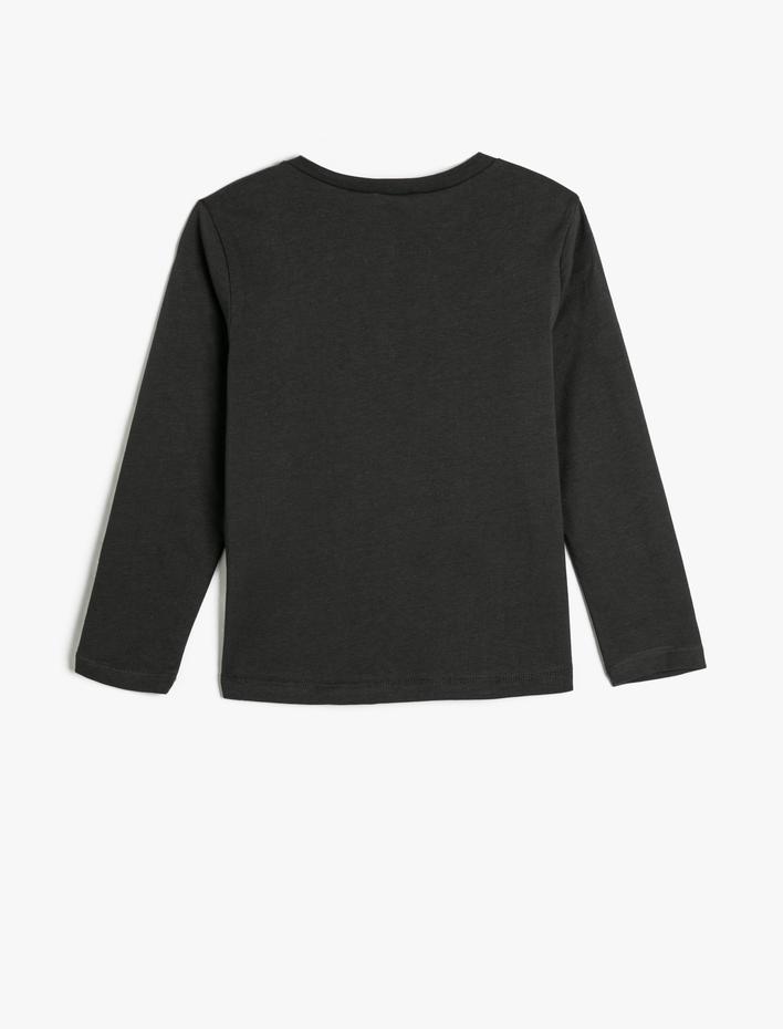 Kız Çocuk Kedi Baskılı Uzun Kollu Bisiklet Yaka Pamuklu Tişört