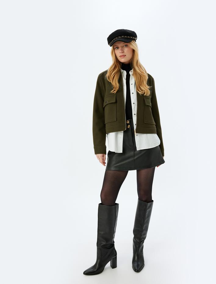  Cep Detaylı Fermuarlı Kaşe Crop Ceket