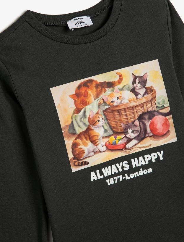 Tişört Uzun Kollu Kedi Baskılı Bisiklet Yaka Pamuklu_2