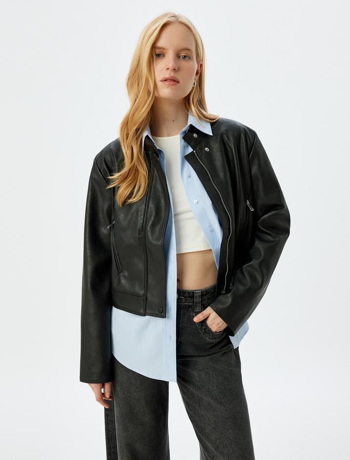  Fermuarlı Cepli Dik Yaka Crop Suni Deri Ceket