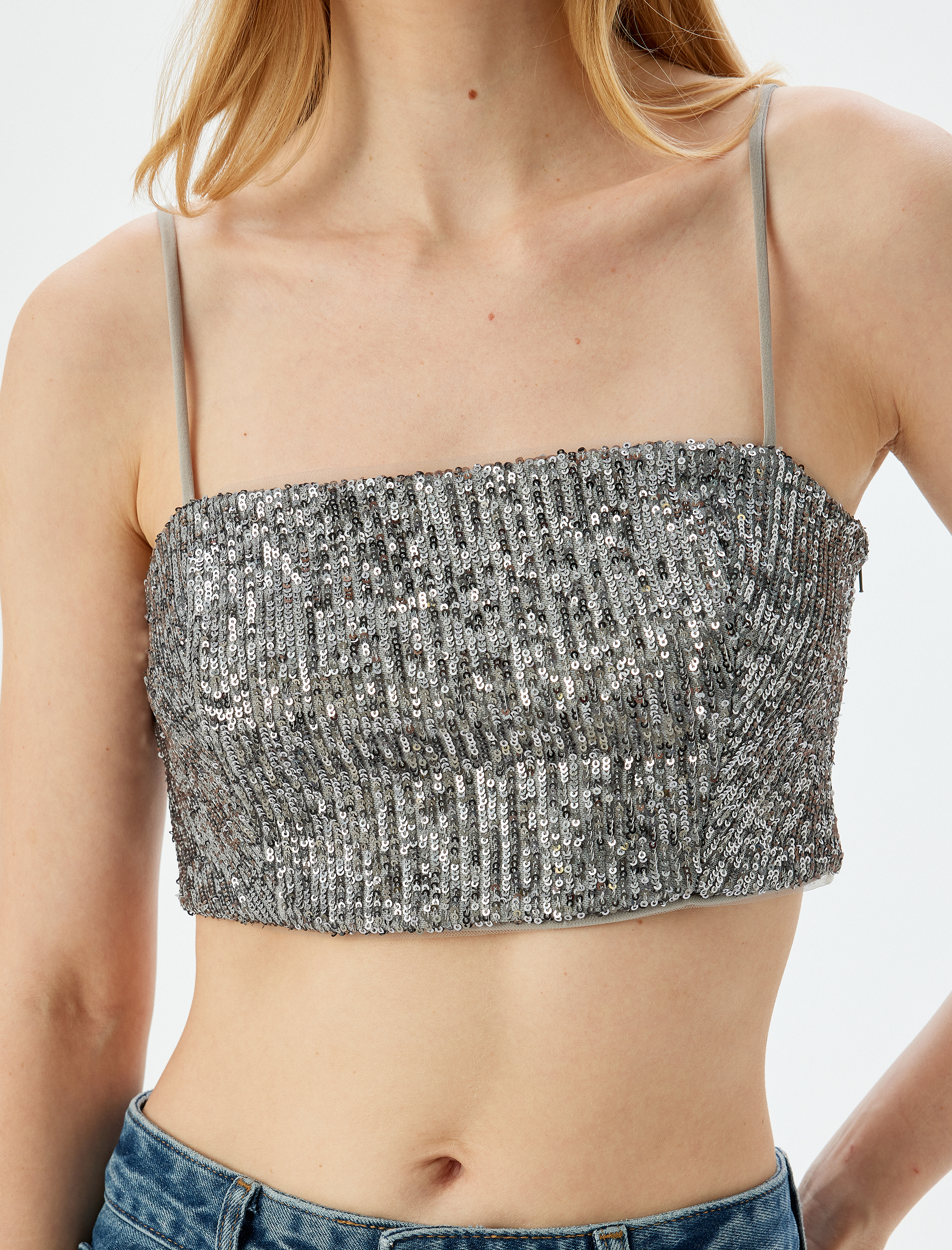   Pullu Payetli İp Askılı Crop Kare Yaka Abiye Bluz