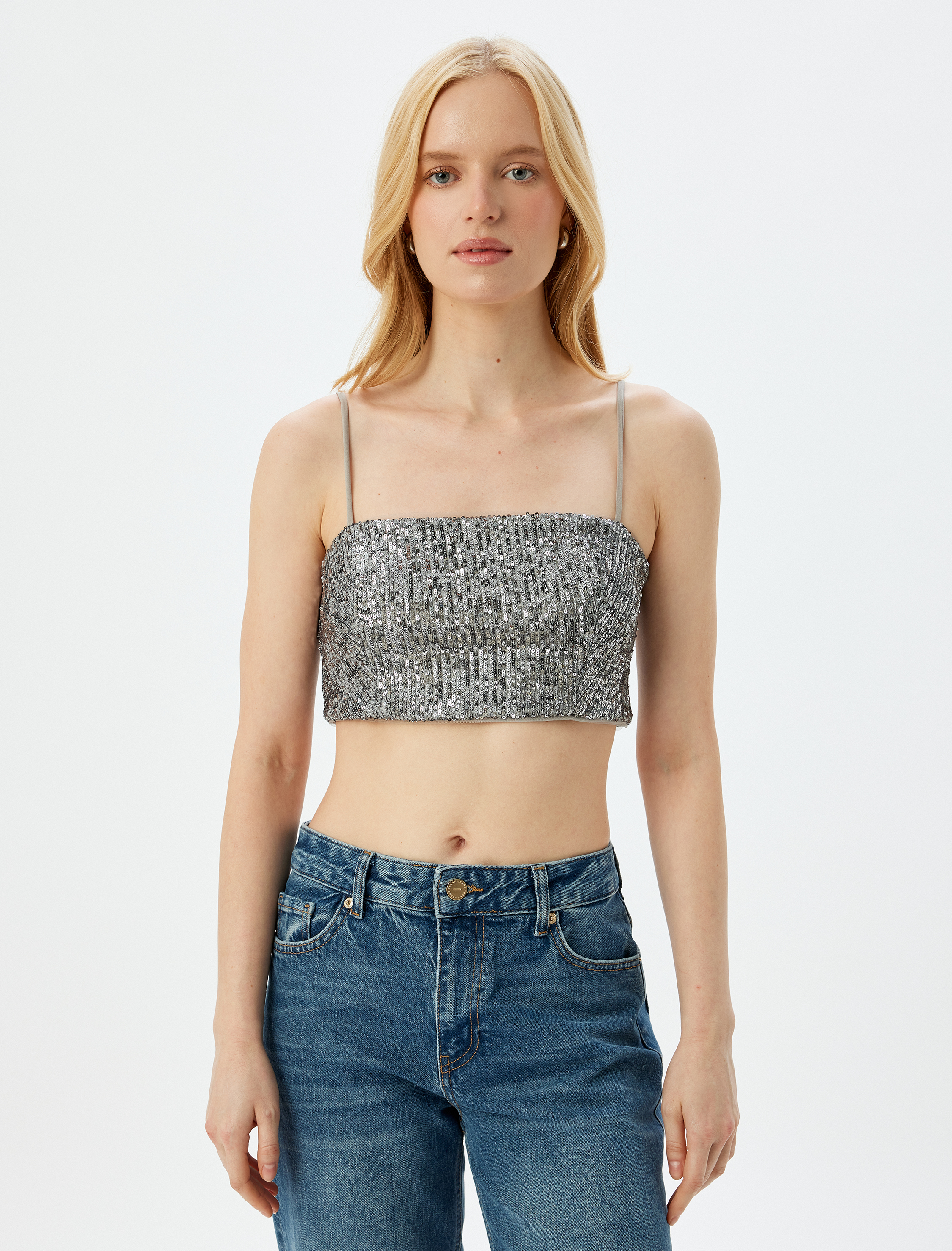   Pullu Payetli İp Askılı Crop Kare Yaka Abiye Bluz