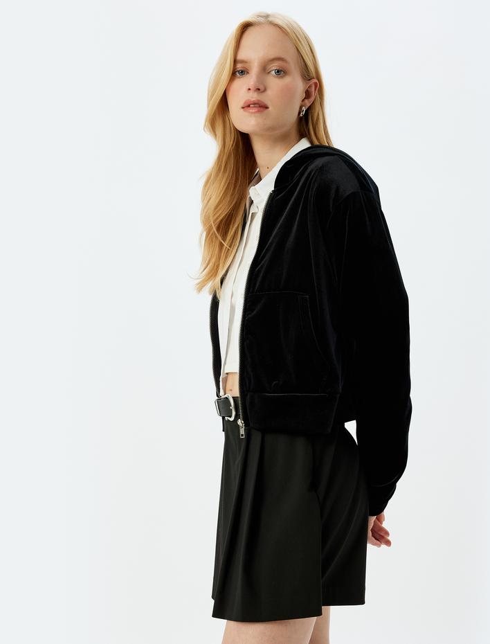  Cepli Kapüşonlu Fermuarlı Kadife Sweatshirt