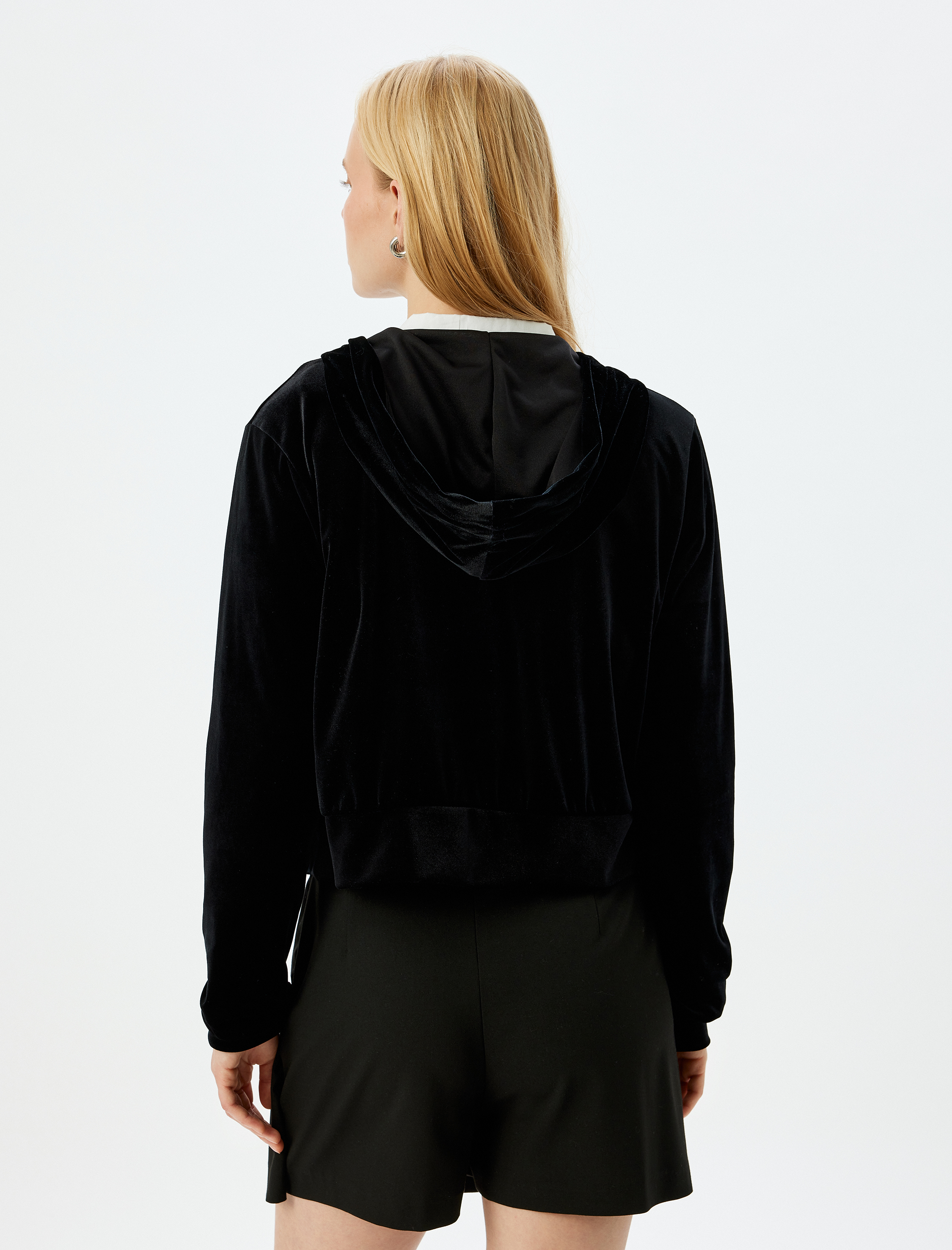   Cepli Kapüşonlu Fermuarlı Kadife Sweatshirt