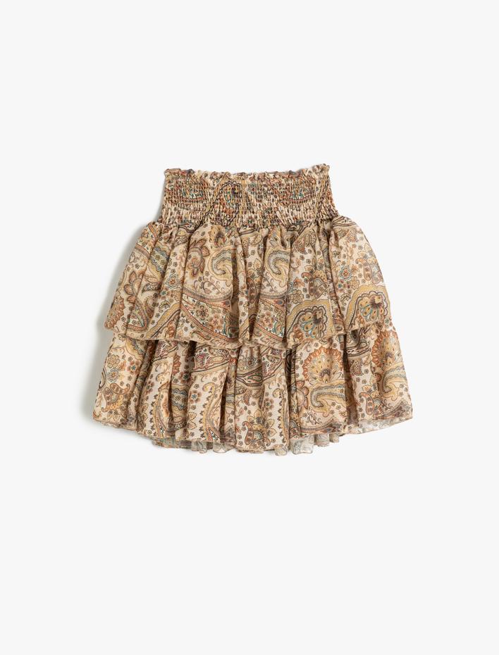 Kız Çocuk Fırfırlı Katlı Bürümcük Detaylı Etnik Desenli Etek