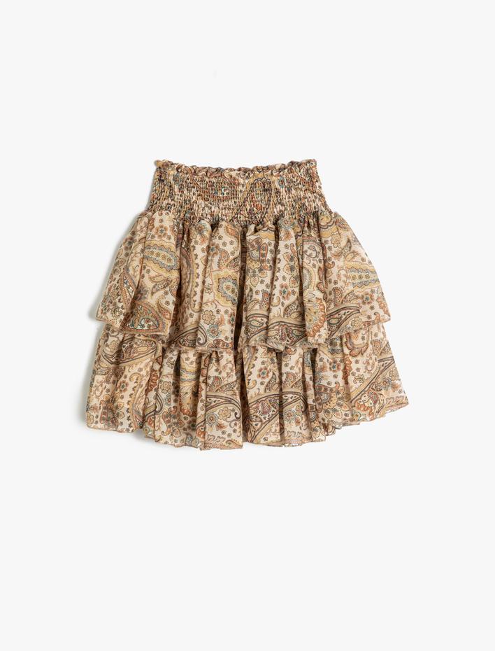 Kız Çocuk Fırfırlı Katlı Bürümcük Detaylı Etnik Desenli Etek