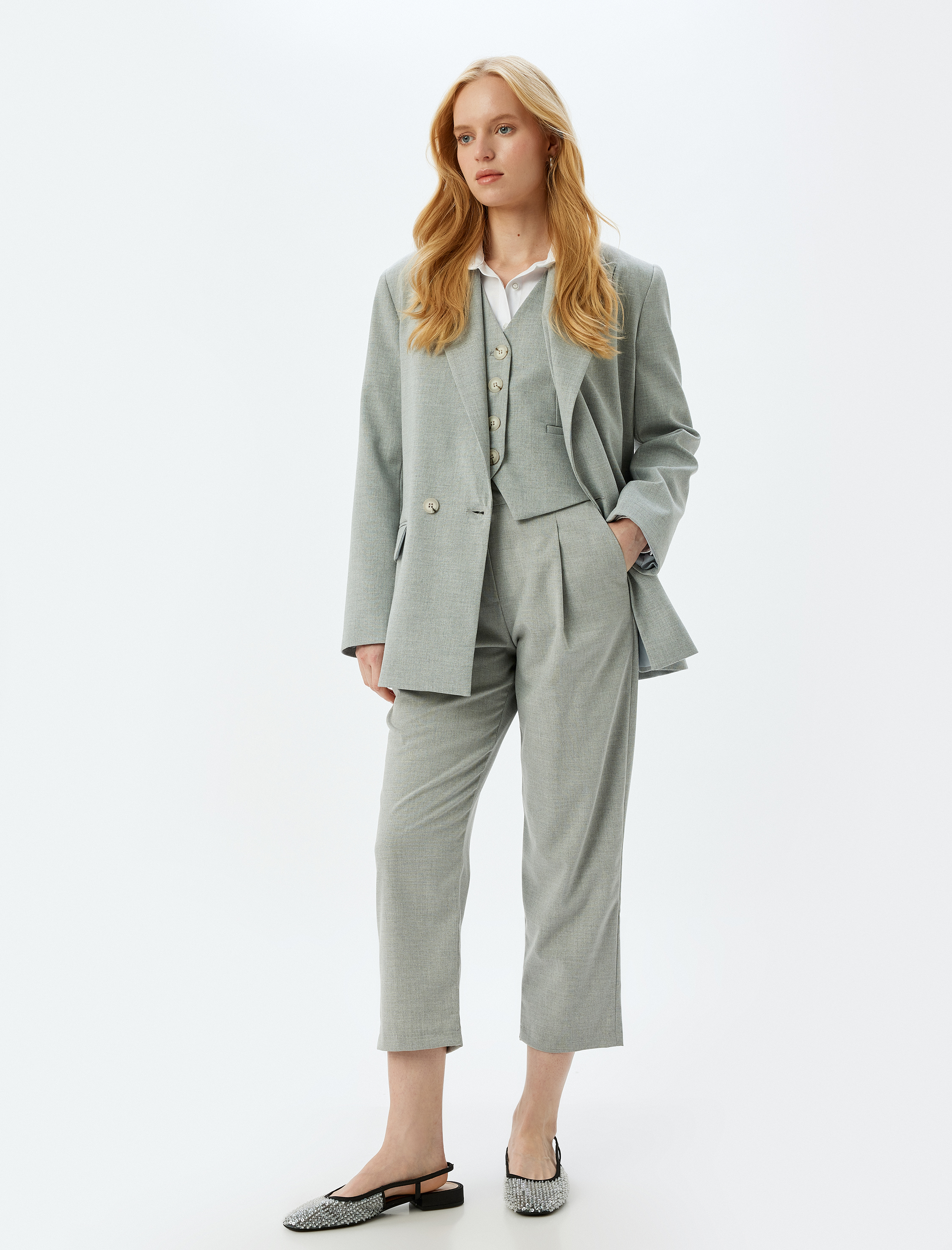   Yüksek Bel Cepli Havuç Kesim Kumaş Pantolon