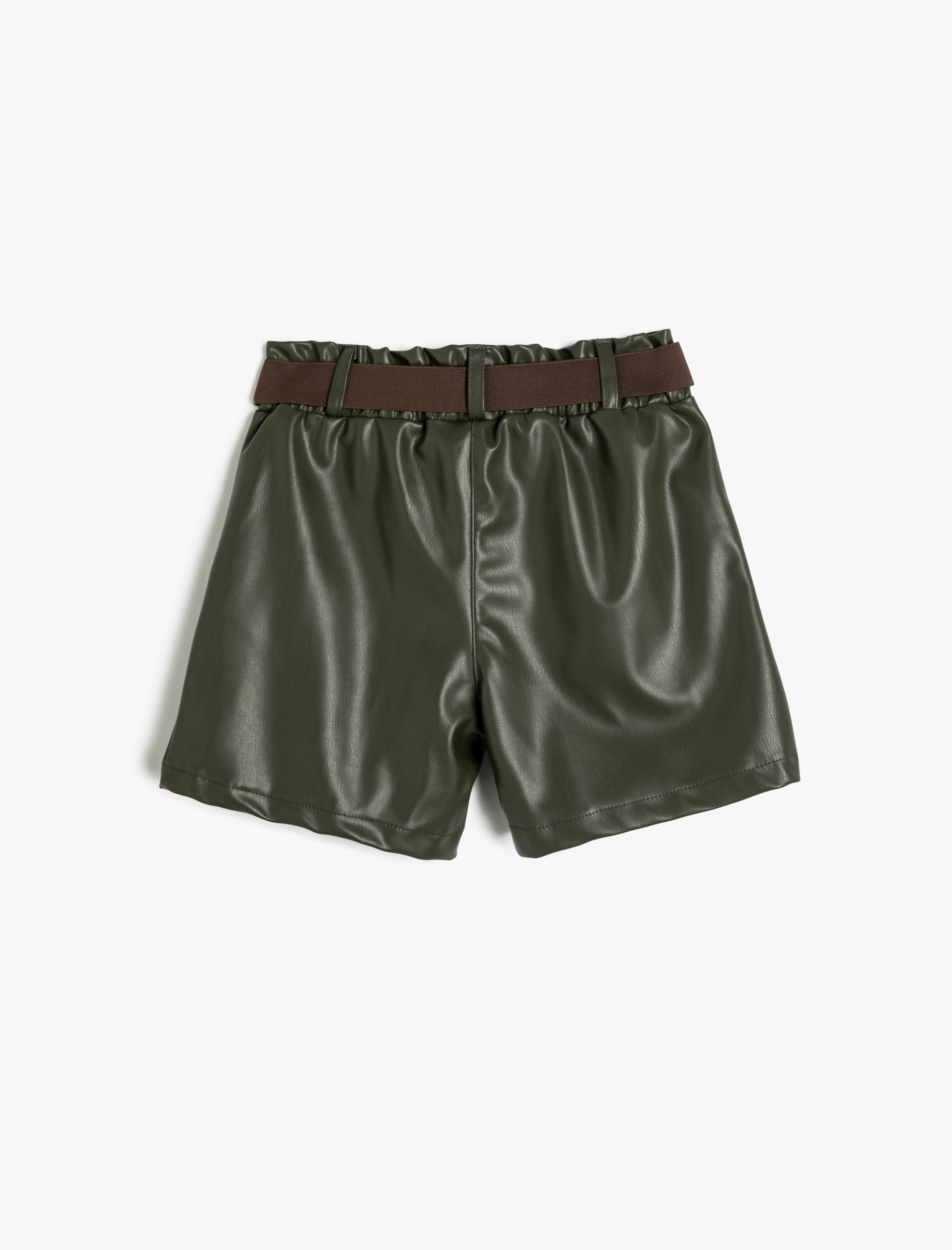  Kız Çocuk Deri Görünümlü Kemerli Cep Detaylı Şort