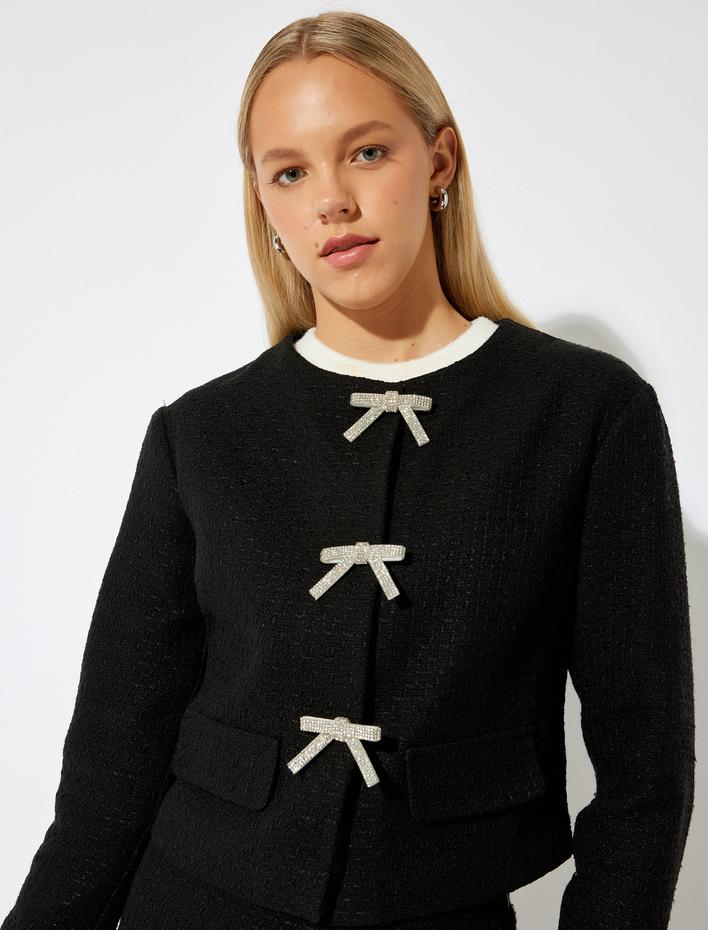  Kapaklı Çift Cep Detaylı Fiyonklu Düğmeli Slim Fit Tüvit Shacket