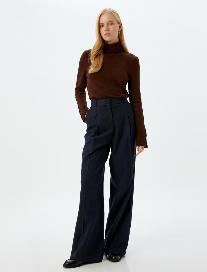  Balıkçı Yaka Triko Tişört Yumuşak Dokulu Uzun Kollu Manşetleri Düğme Detaylı