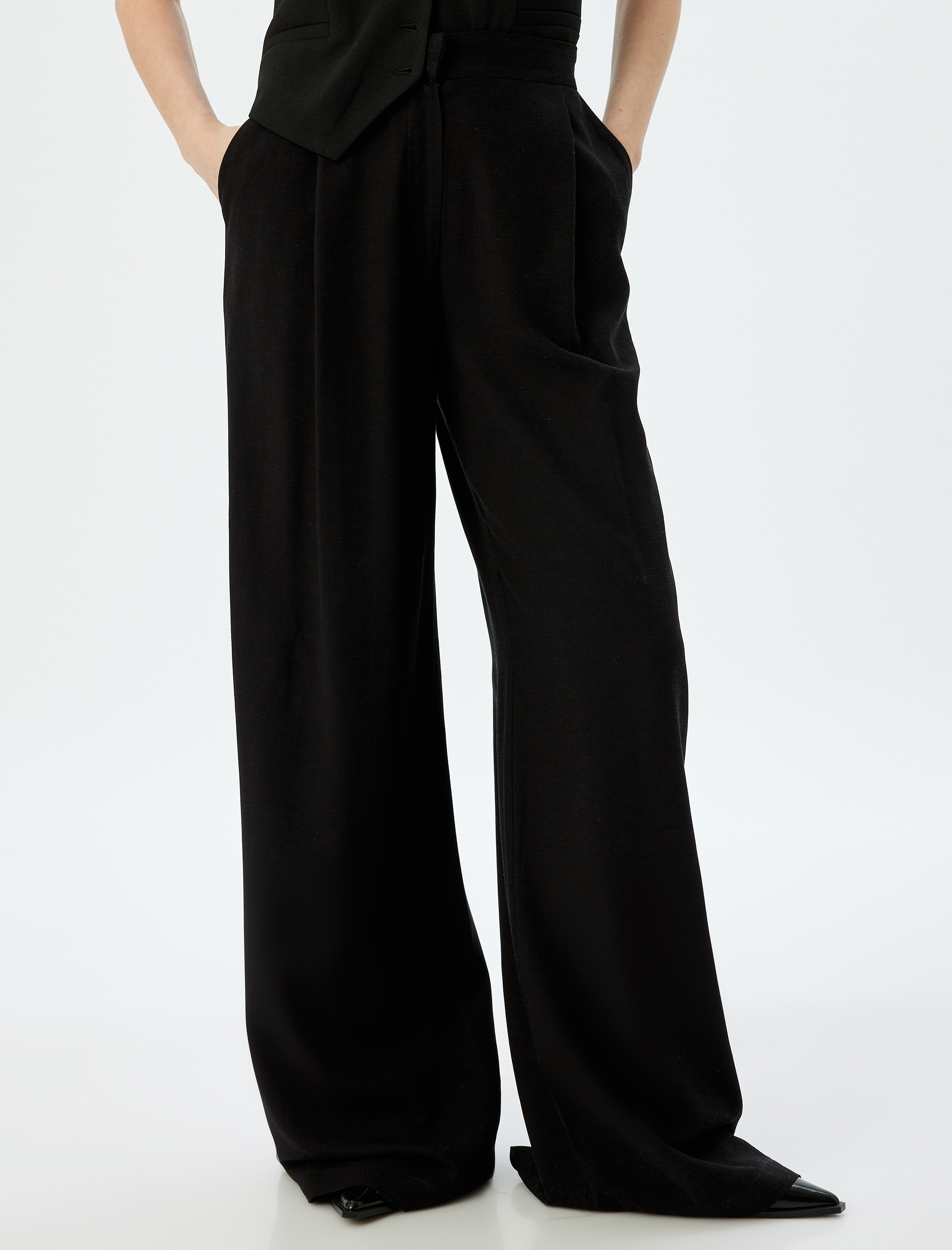   Keten Karışımlı Cepli Geniş Paça Baggy Kumaş Pantolon