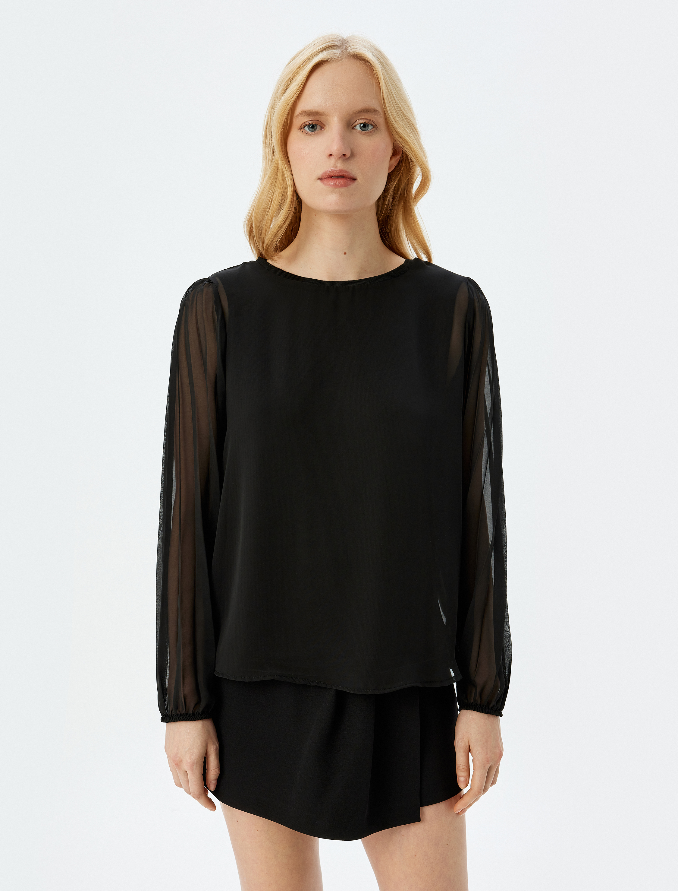   Bisiklet Yaka Tül Uzun Kollu Bluz