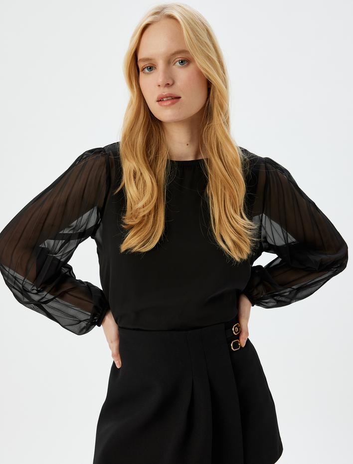  Bisiklet Yaka Tül Uzun Kollu Bluz