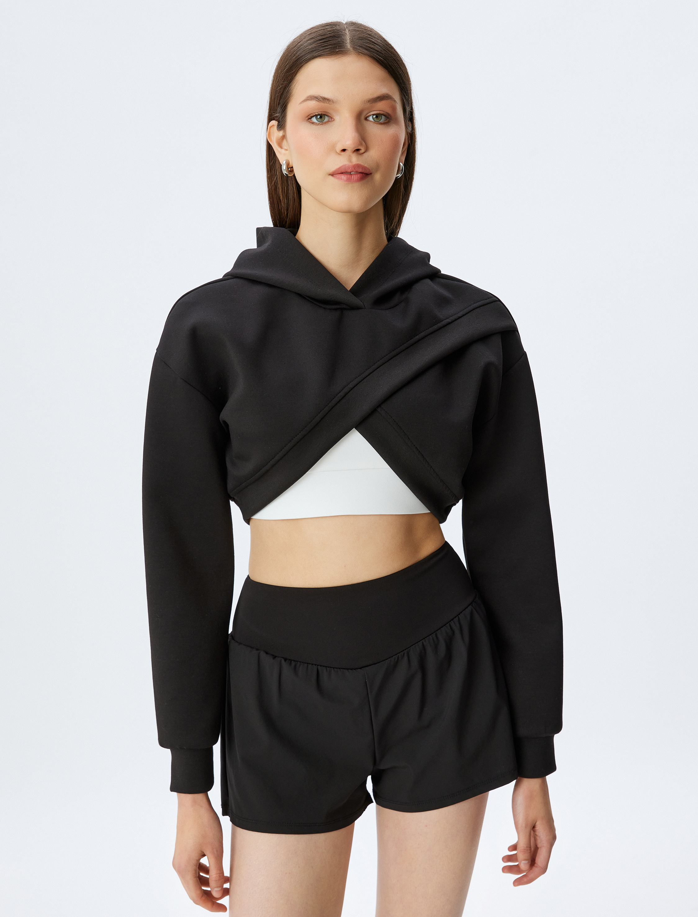   Kapüşonlu Asimetrik Kesim Katlı Crop Rahat Kalıp Sweatshirt İnterlok