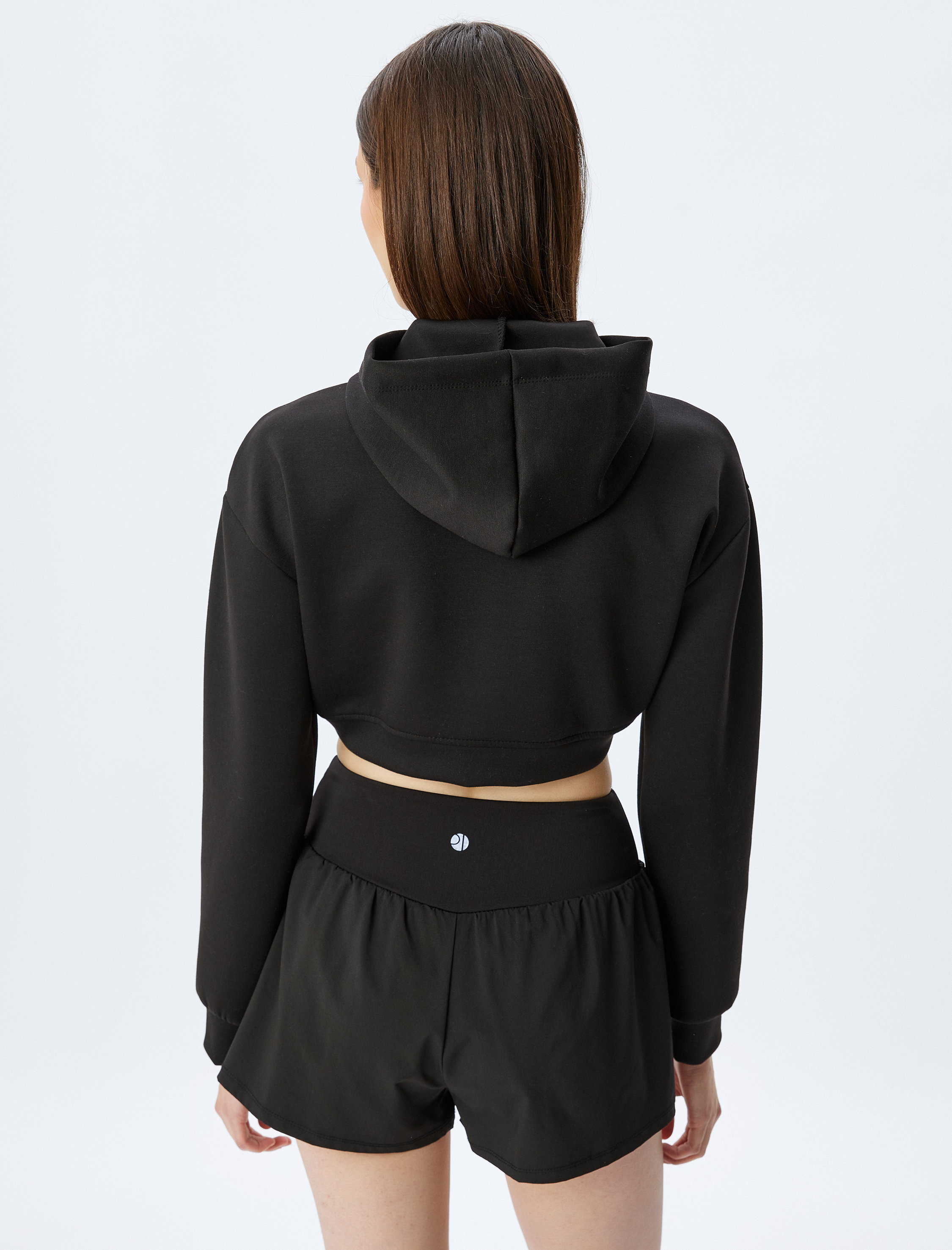   Kapüşonlu Asimetrik Kesim Katlı Crop Rahat Kalıp Sweatshirt İnterlok