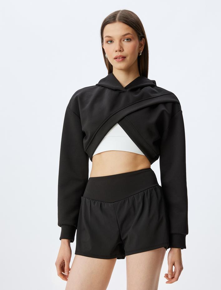  Kapüşonlu Asimetrik Kesim Katlı Crop Rahat Kalıp Sweatshirt İnterlok