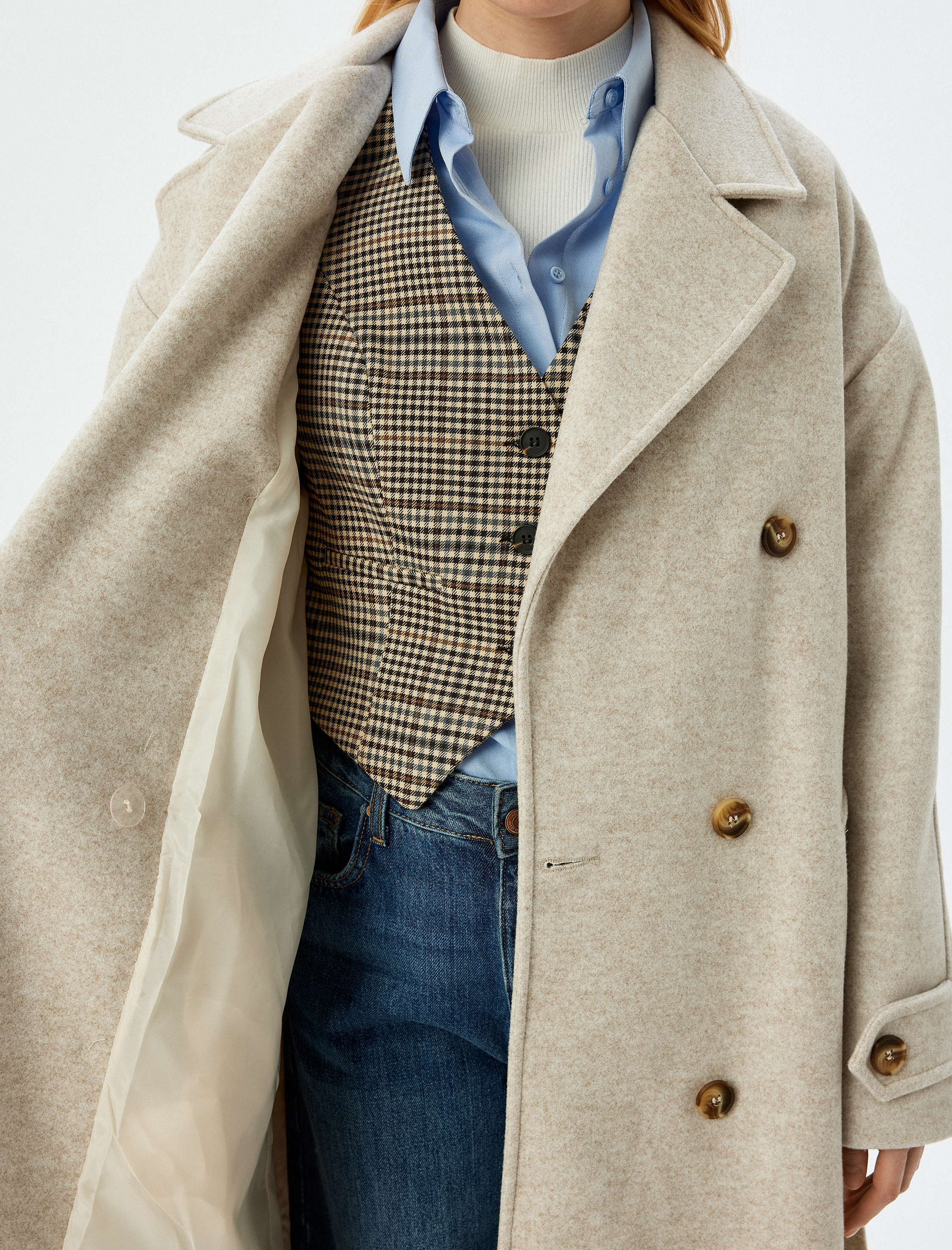   Cepli Kemerli Kruvaze Ekstra Uzun Kaşe Kaban