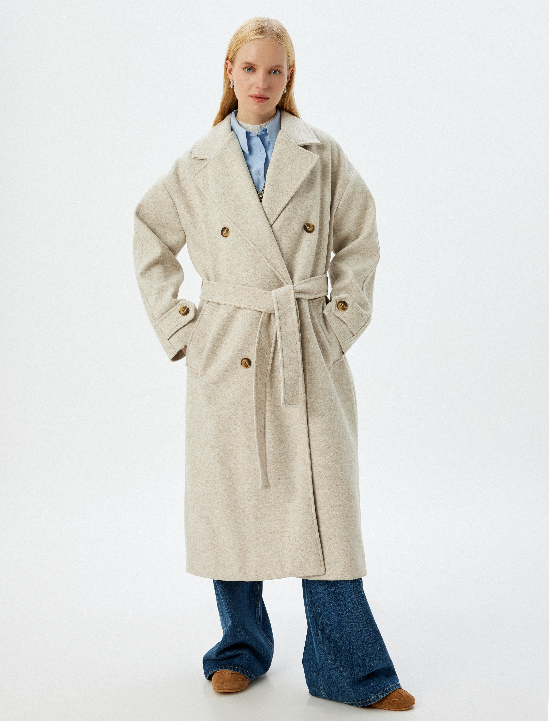   Cepli Kemerli Kruvaze Ekstra Uzun Kaşe Kaban