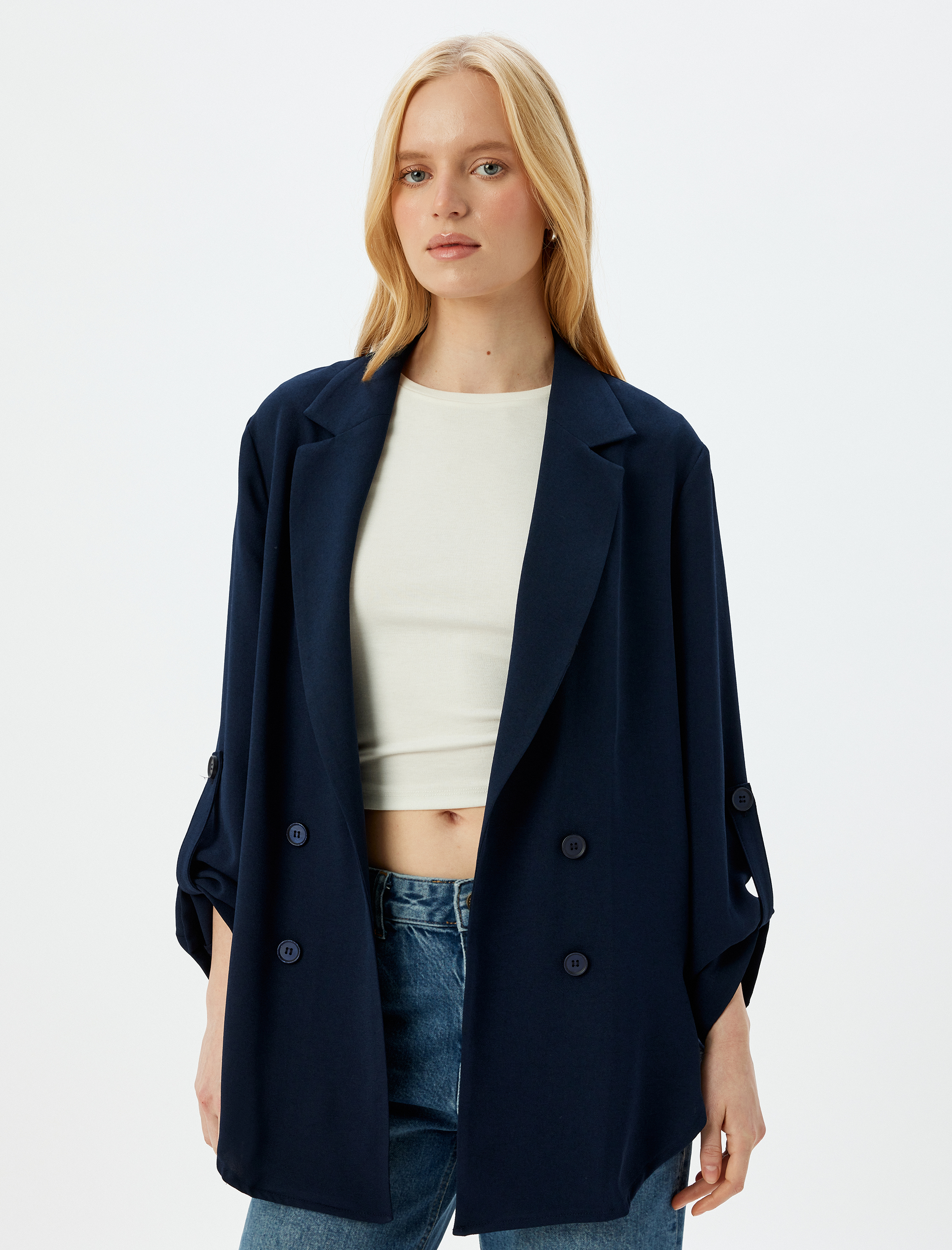   Bol Kalıp 3/4 Kol Düşük Omuz Krep Kruvaze Blazer Ceket