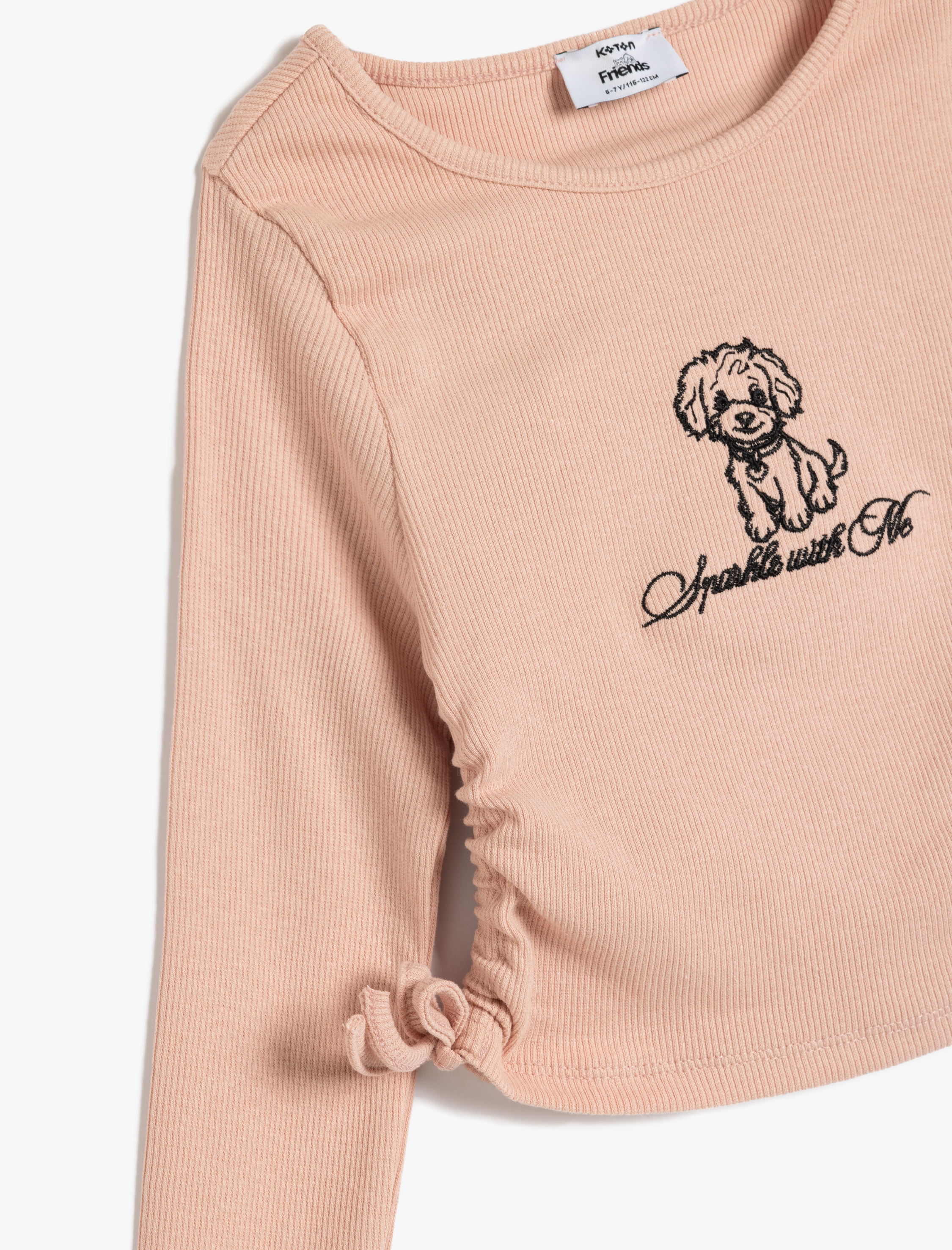  Kız Çocuk Pamuklu Köpek Baskılı Yanları Büzgülü Uzun Kollu Tişört