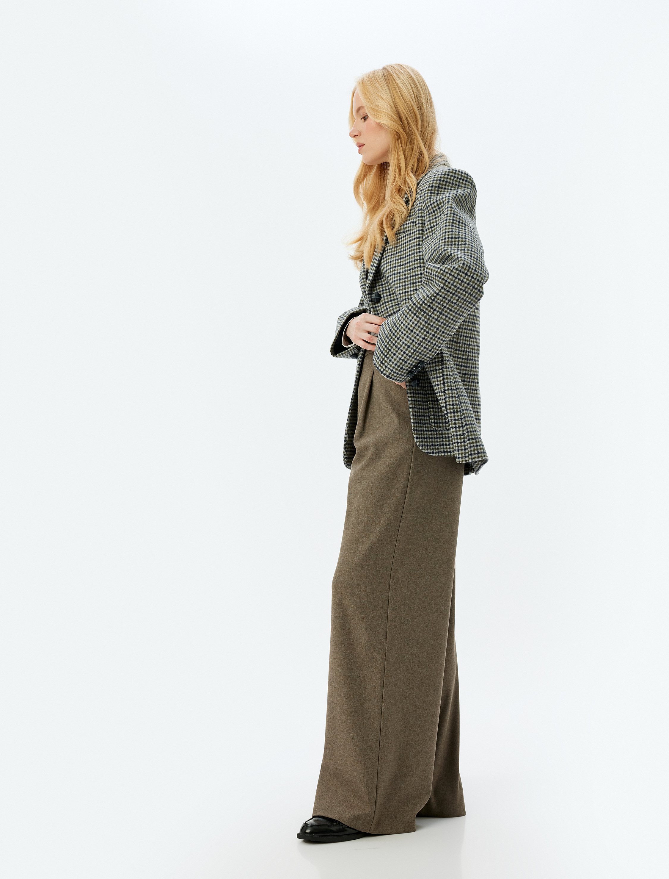   Pile Detaylı Cepli Yüksek Bel Kumaş Palazzo Pantolon