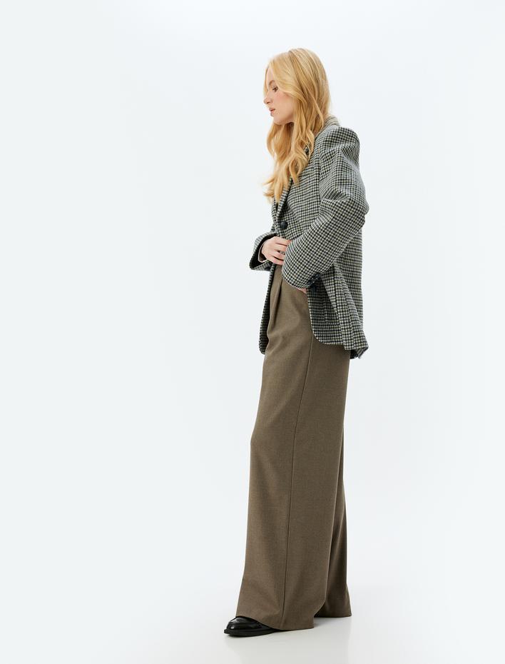  Pile Detaylı Cepli Yüksek Bel Kumaş Palazzo Pantolon