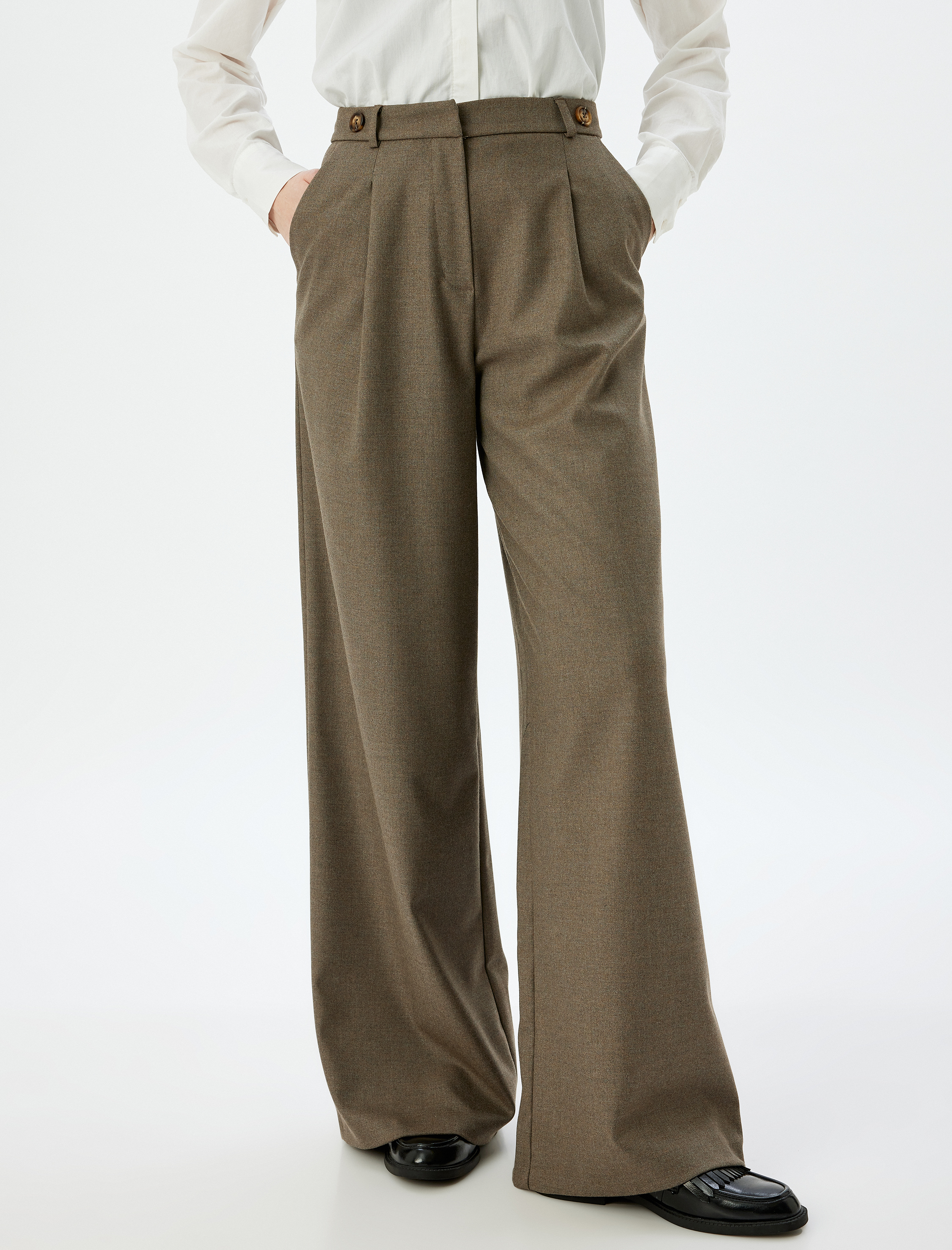   Pile Detaylı Cepli Yüksek Bel Kumaş Palazzo Pantolon