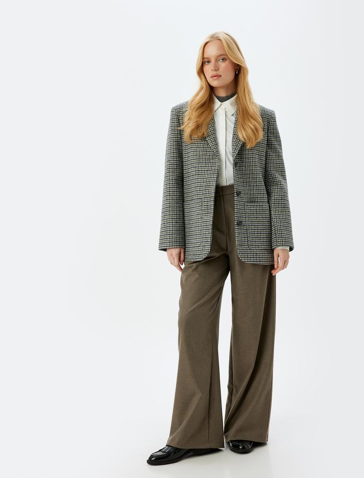  Pile Detaylı Cepli Yüksek Bel Kumaş Palazzo Pantolon