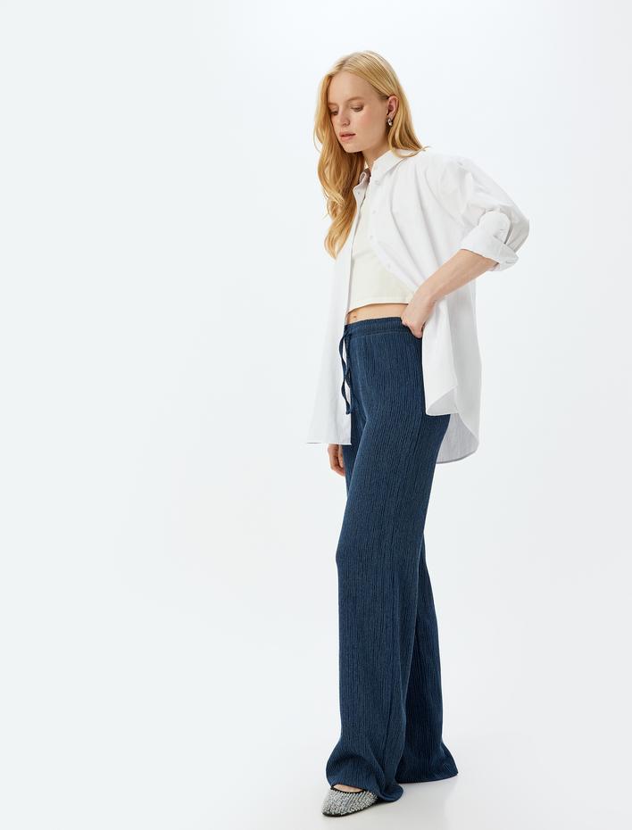  Beli Bağlamalı Dokulu Bol Paça Yüksek Bel Pantolon