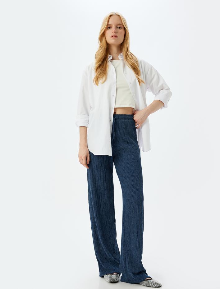  Beli Bağlamalı Dokulu Bol Paça Yüksek Bel Pantolon