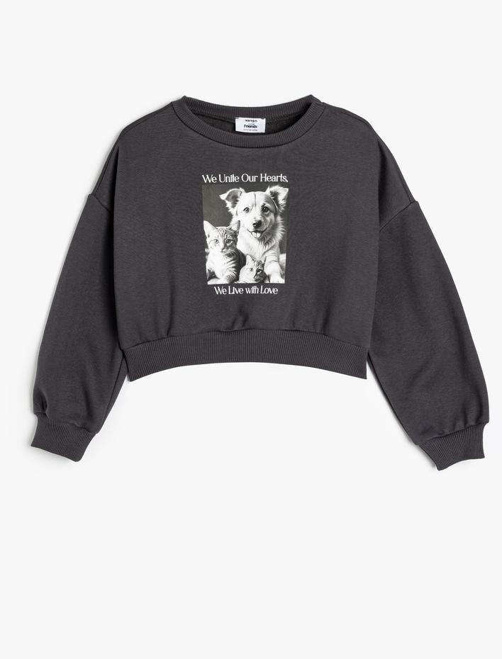 Kız Çocuk Sweatshirt Köpek Baskılı Bisiklet Yaka Uzun Kollu Şardonlu Pamuklu