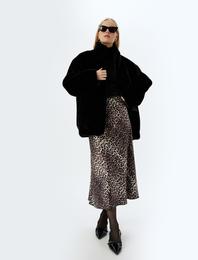 Slim Fit A Kesim Leopar Desenli Uzun Saten Etek