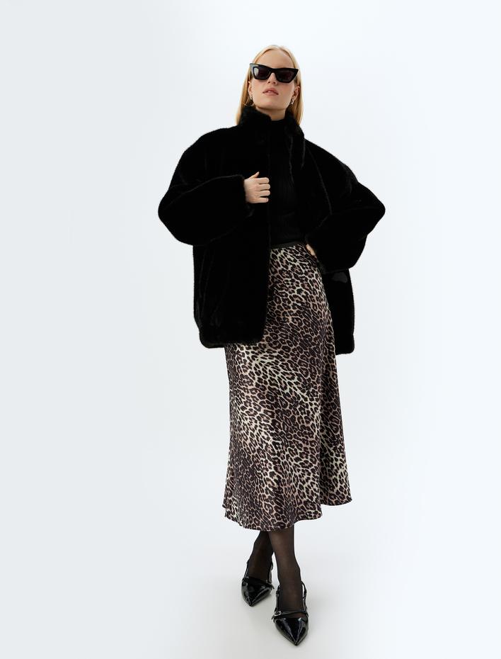  Slim Fit A Kesim Leopar Desenli Uzun Saten Etek