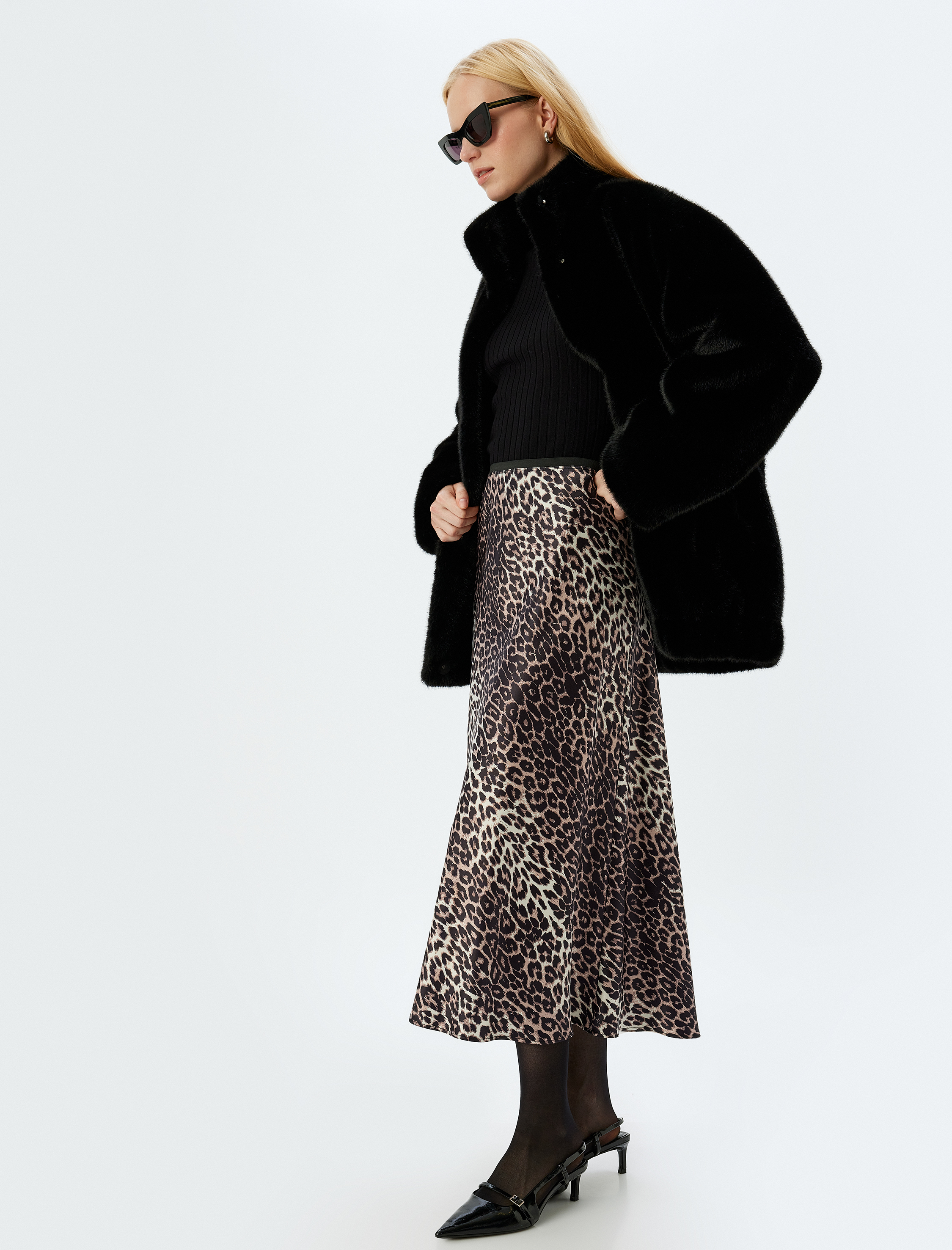   Slim Fit A Kesim Leopar Desenli Uzun Saten Etek